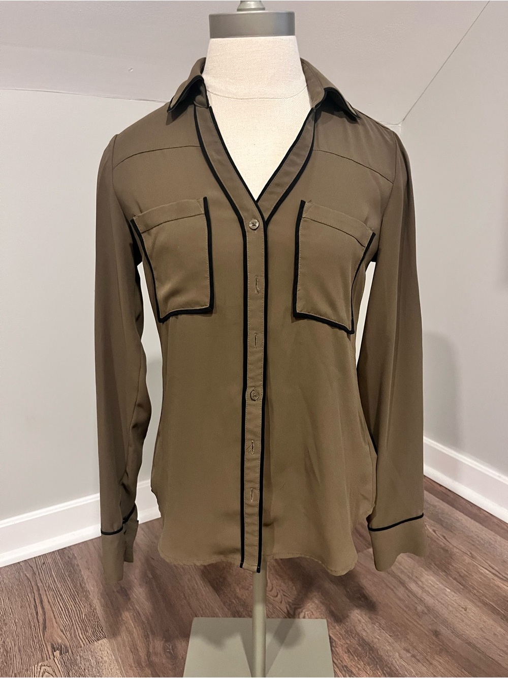 Express Olive Green Slim Portofino Shirt with Black Piping